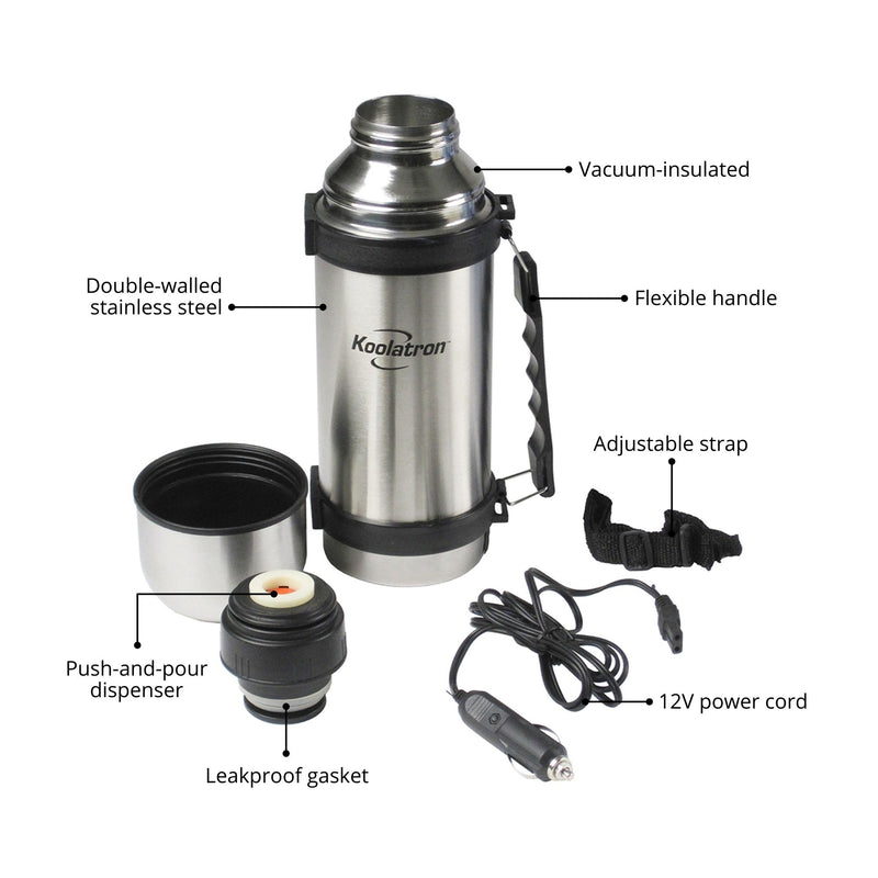 Product shot on a white background of the 12V heated thermos bottle, cup, dispensing lid, and power cord, labeled: Vacuum-insulated; flexible handle; adjustable strap; 12V power cord; leakproof gasket; push-and-pour dispensing; double-walled stainless steel