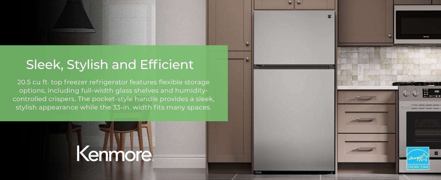 Kenmore stainless steel top mount refrigerator in a beige kitchen with text overlay describing features