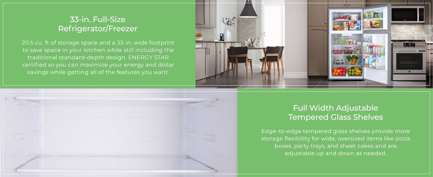 Closeup images and text descriptions of features of Kenmore stainless steel top mount refrigerator