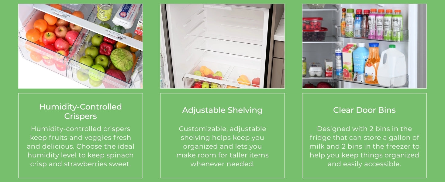 Closeup images and text descriptions of features of Kenmore stainless steel top mount refrigerator
