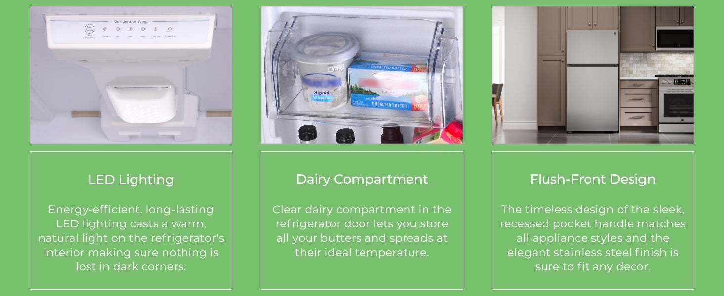 Closeup images and text descriptions of features of Kenmore stainless steel top mount refrigerator