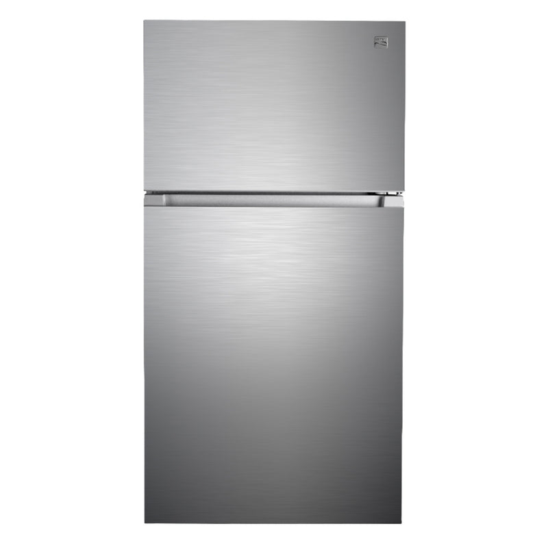 Kenmore stainless steel top mount refrigerator, closed, on a white background