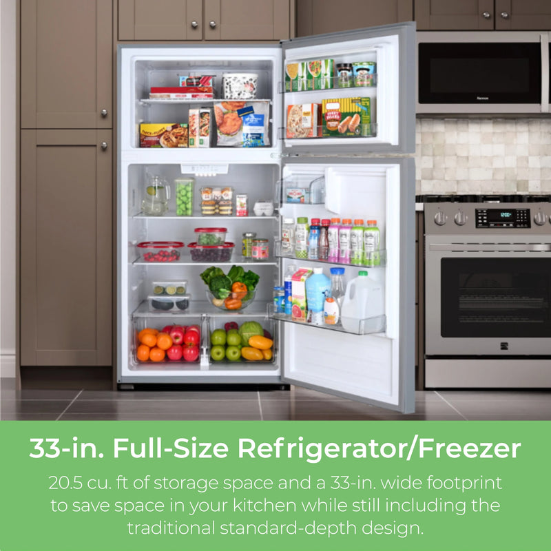 Kenmore stainless steel top mount refrigerator, open and filled with food, in a beige kitchen. Text below reads, "33-in. Large Refrigerator/Freezer: 20.5 cu. ft of storage space and a 33-in. wide footprint to save space in your kitchen while still including the traditional standard-depth design."