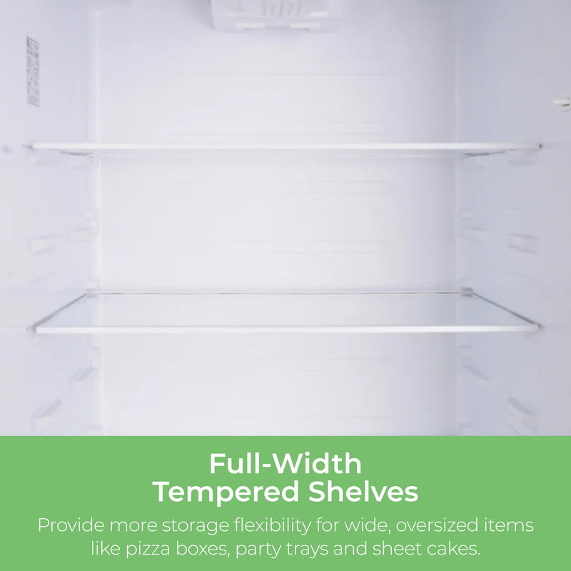 Closeup of inside the Kenmore stainless steel top mount refrigerator showing the tempered glass shelves. Text below reads, "Full-Width Tempered Shelves: Provide more storage flexibility for wide, oversized items like pizza boxes, party trays and sheet cakes."