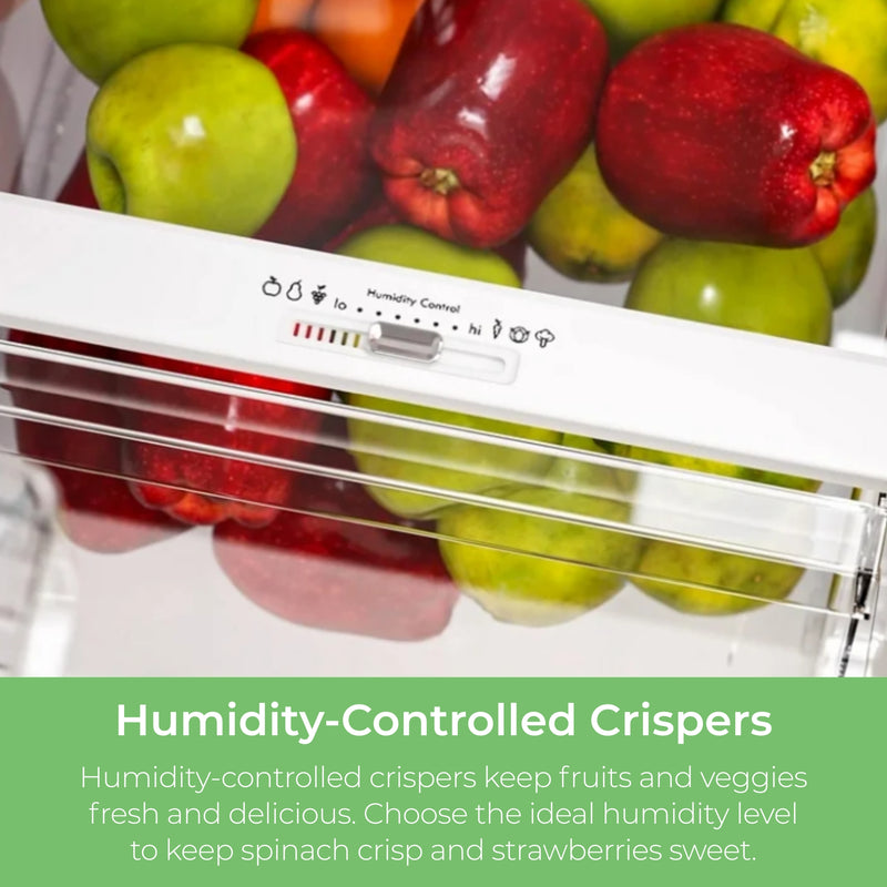 Closeup of the crispers in the Kenmore stainless steel top mount refrigerator filled with fruits and vegetables. Text below reads, "Humidity-Controlled Crispers: Humidity-controlled crispers keep fruits and veggies fresh and delicious. Choose the ideal humidity level to keep spinach crisp and strawberries sweet."