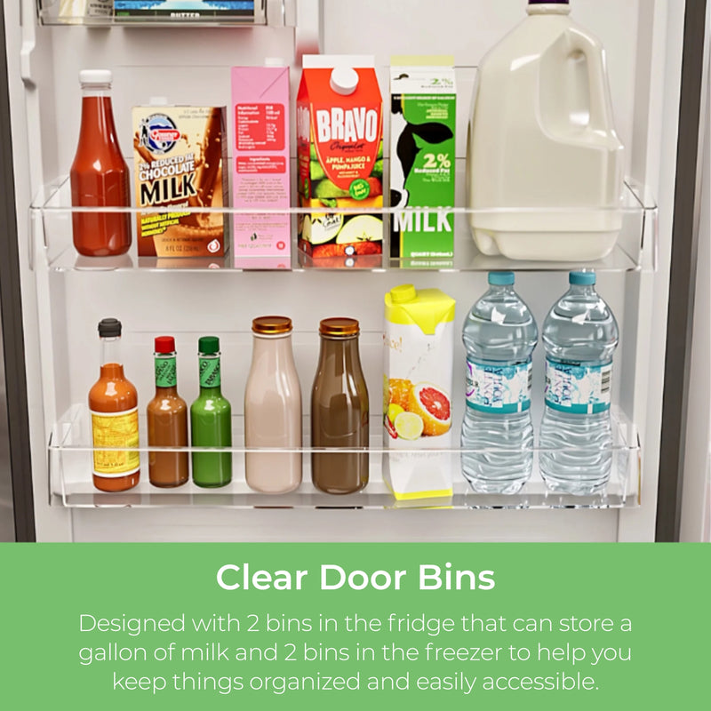 Closeup of door bins in the Kenmore stainless steel top mount refrigerator filled with food items including a gallon jug of milk. Text below reads, "Clear Door Bins: Designed with 2 bins in the fridge that can store a gallon of milk and 2 bins in the freezer to help you keep things organized and easily accessible."