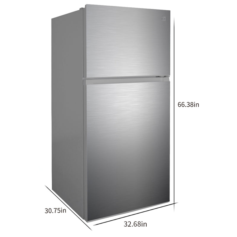 Kenmore stainless steel top mount refrigerator, closed, on a white background with dimensions labeled