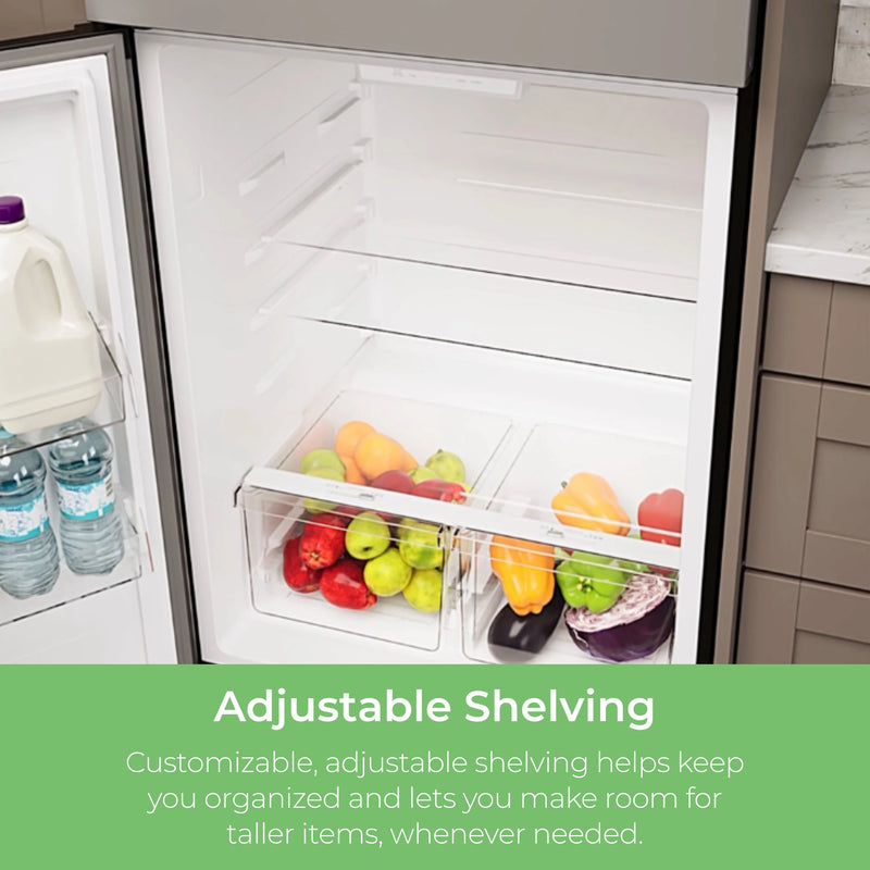 Closeup of the inside of the Kenmore stainless steel top mount refrigerator showing the full-width adjustable glass shelves. Text below reads, "Adjustable Shelving: Customizable, adjustable shelving helps keep you organized and lets you make room for taller items, whenever needed."