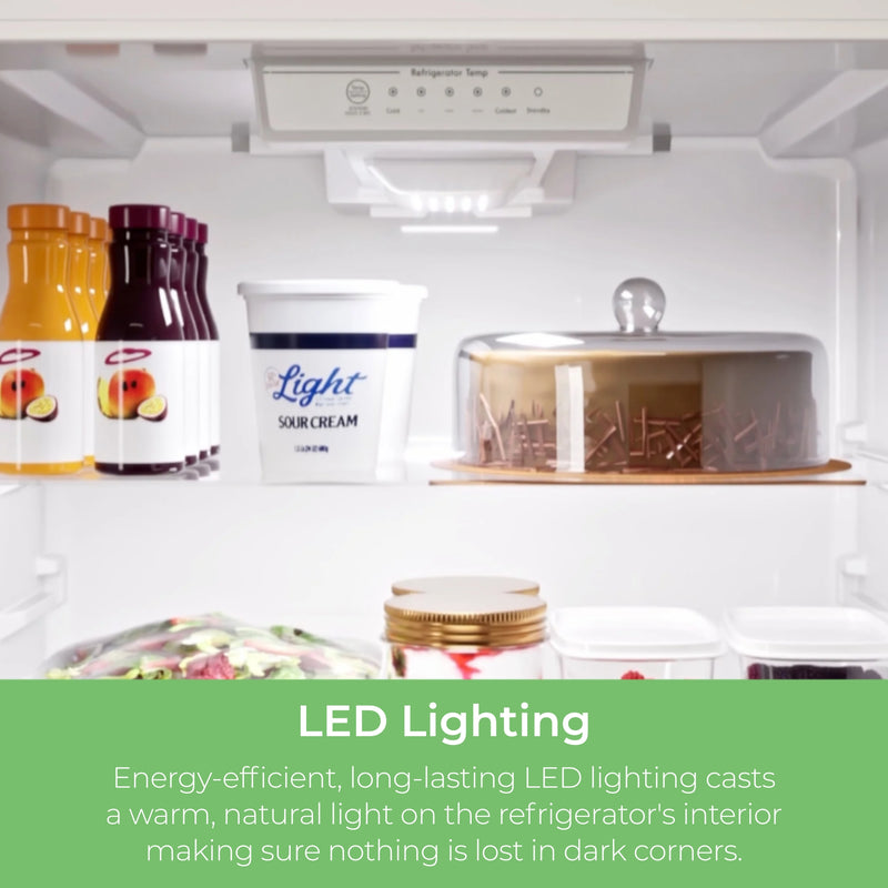 Closeup of inside the Kenmore stainless steel top mount refrigerator showing the LED interior light. Text below reads, "LED Lighting: Energy-efficient, long-lasting LED lighting casts a warm, natural light on the refrigerator's interior making sure nothing is lost in dark corners."