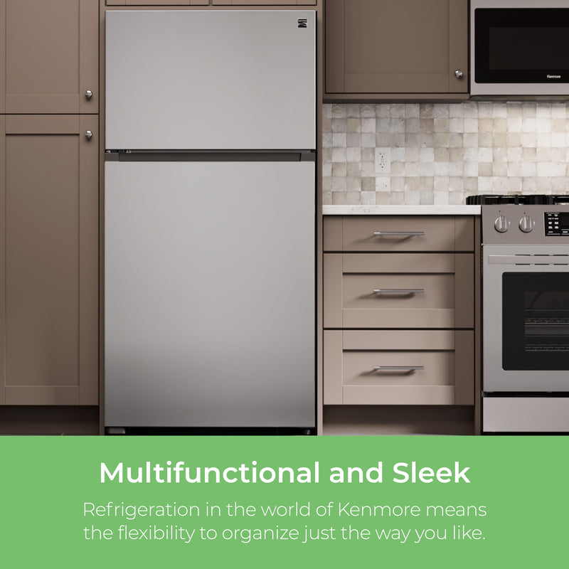 Kenmore stainless steel top mount refrigerator in stainless steel installed in a light gray and beige kitchen. Text below reads, "Multifunctional and Sleek: Refrigeration in the world of Kenmore means the flexibility to organize just the way you like."