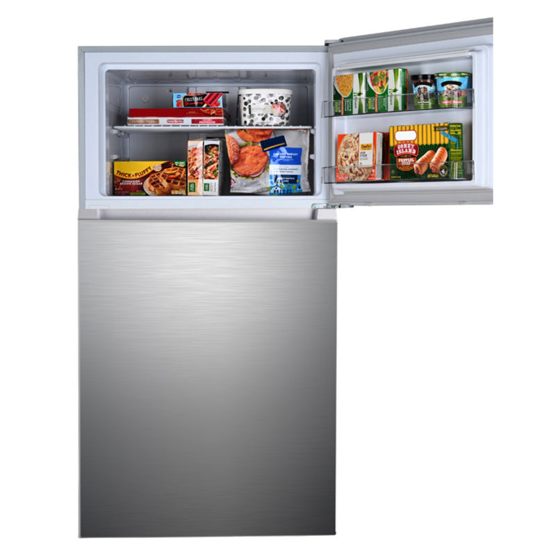 Kenmore stainless steel top mount refrigerator with the freezer open and filled with food on a white background