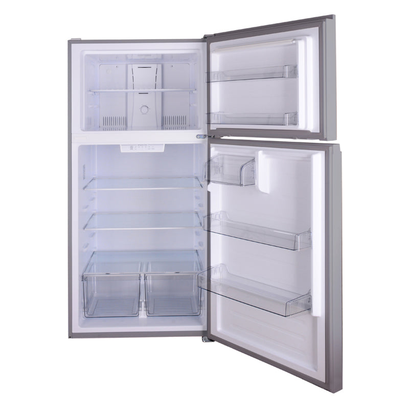 Kenmore stainless steel top mount refrigerator, open and empty, on a white background