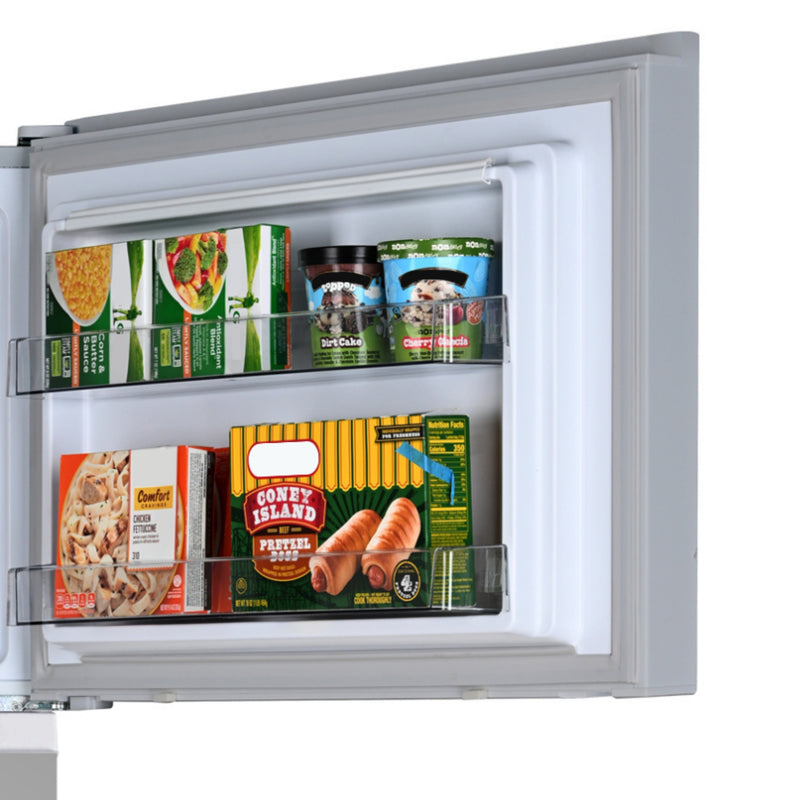 Closeup of the door bins in the freezer section of the Kenmore stainless steel top mount refrigerator filled with food items