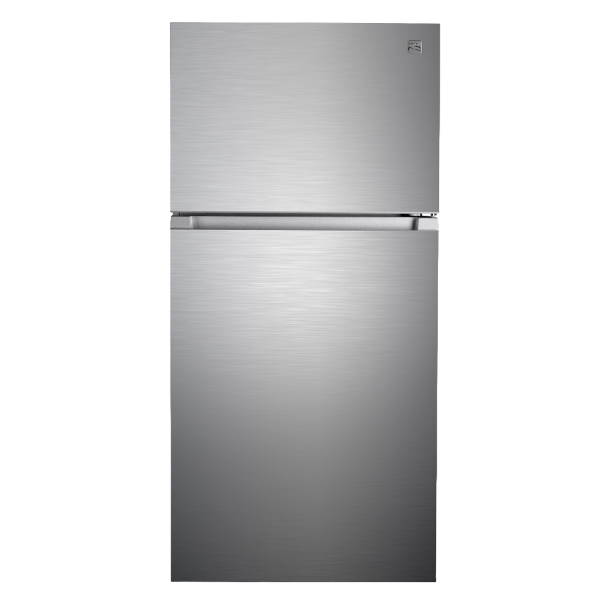Kenmore stainless steel top mount refrigerator, closed, on a white background