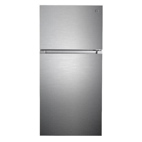 Kenmore stainless steel top mount refrigerator, closed, on a white background