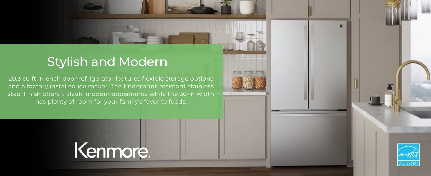 Kenmore French door refrigerator in a beige kitchen with text overlay describing features