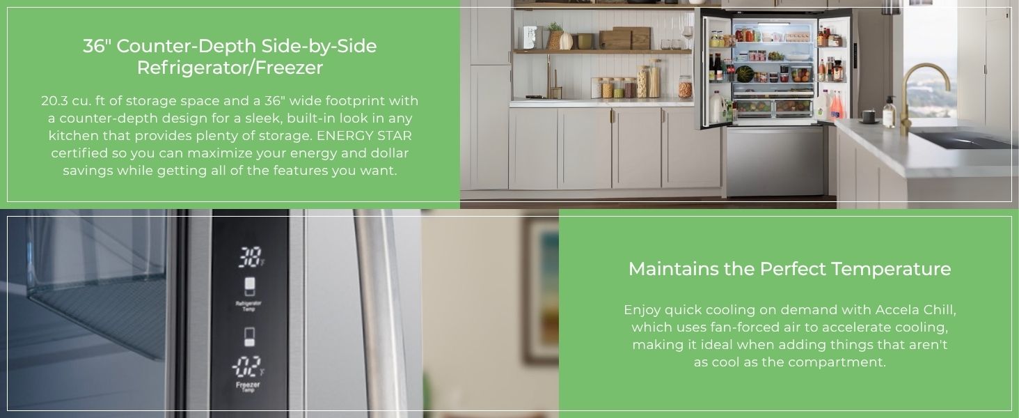 Closeup images and text descriptions of features of the Kenmore French door refrigerator