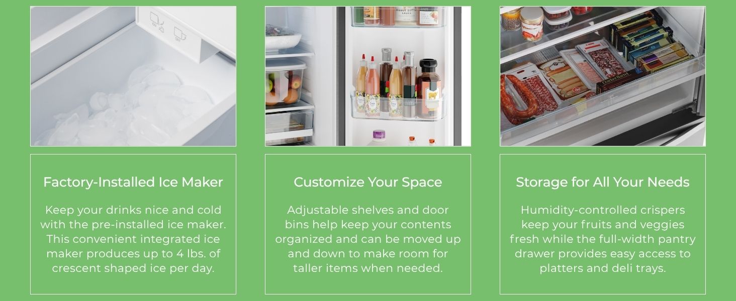 Closeup images and text descriptions of features of the Kenmore French door refrigerator