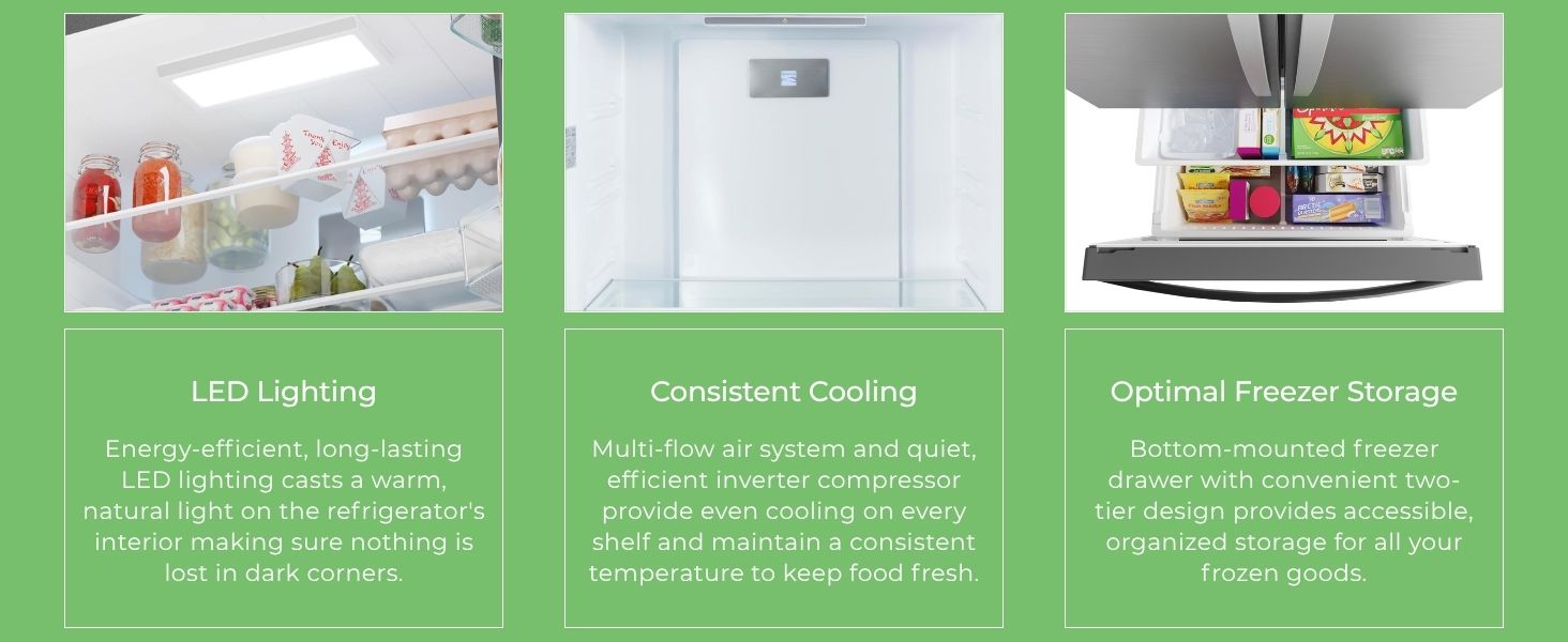 Closeup images and text descriptions of features of the Kenmore French door refrigerator