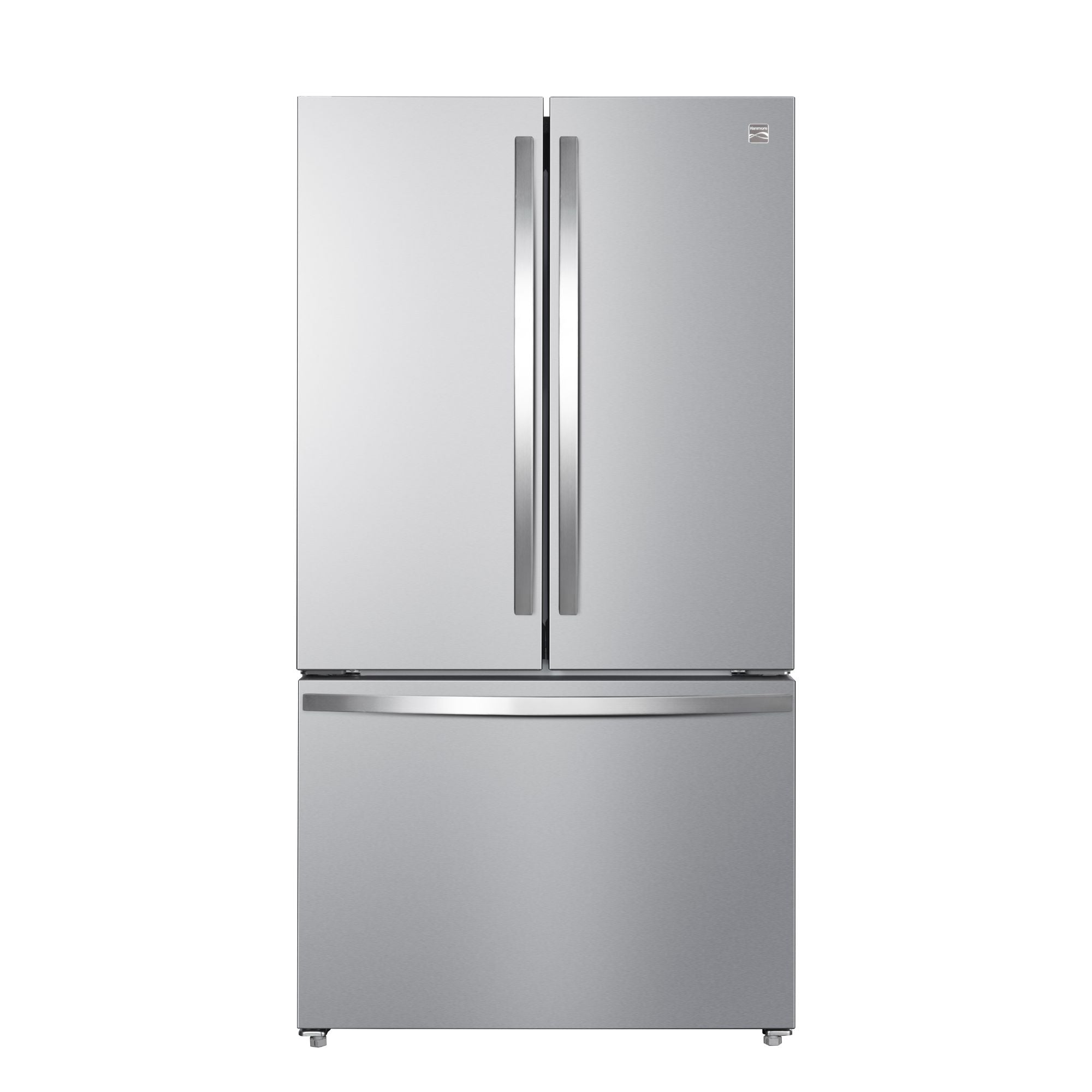 Kenmore 20.3 cu. ft. counter depth french door refrigerator in stainless steel, closed, on a white background