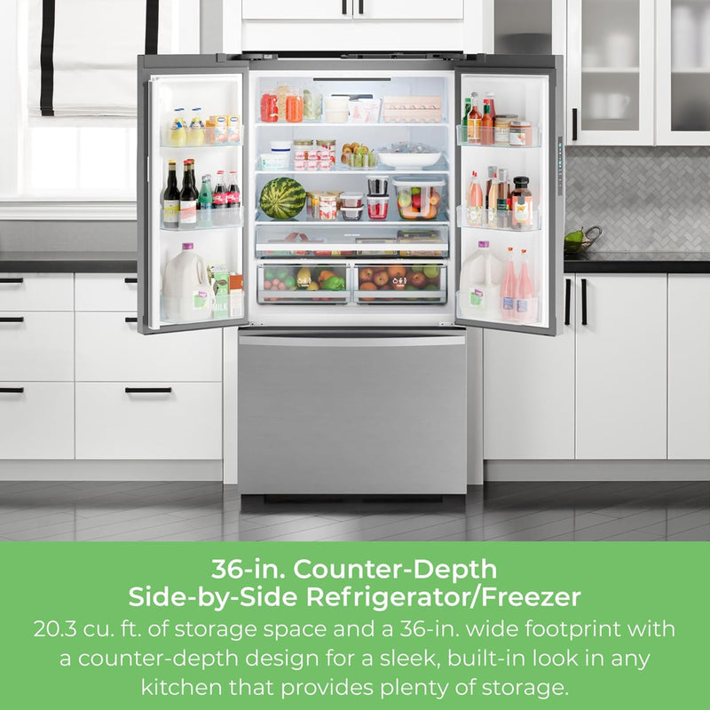 Kenmore 20.3 cu. ft. counter depth french door refrigerator in stainless steel, open and filled with food, in a bright white kitchen. Text below reads, "36-in. Counter-Depth Side-by-Side Refrigerator/Freezer: 20.3 cu. ft. of storage space and a 36-in. wide footprint with a counter-depth design for a sleek, built-in look in any kitchen that proves plenty of storage."