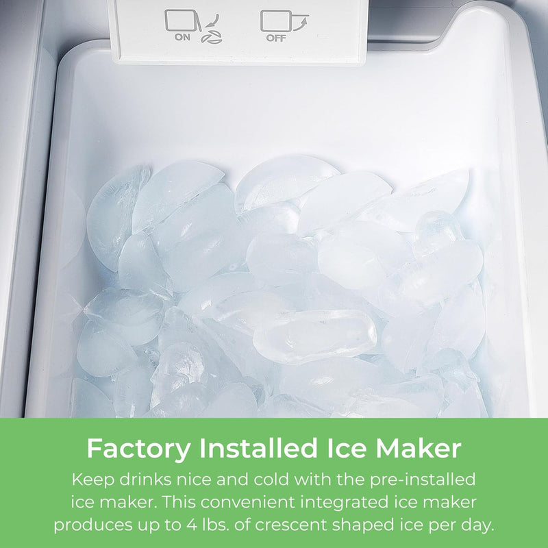 Closeup of the ice maker bin in the Kenmore 20.3 cu. ft. counter depth french door refrigerator filled with ice cubes. Text below reads, "Factory-Installed Ice Maker: Keep drinks nice and cold with the pre-installed ice maker. This convenient integrated ice maker produces up to 4 lbs. of crescent shaped ice per day."