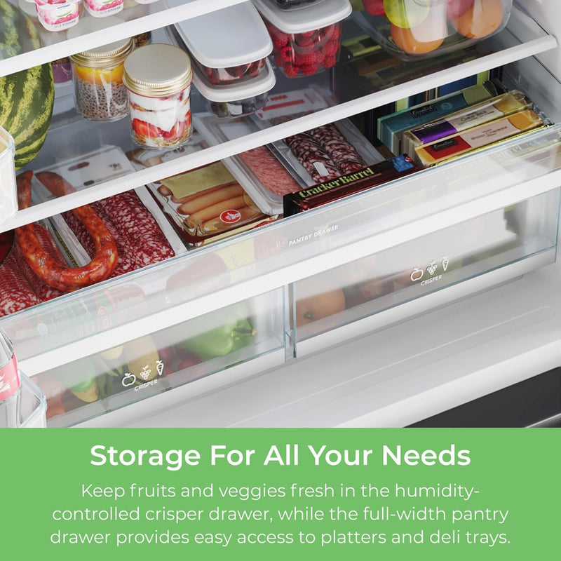 Closeup of the full-width pantry drawer and crispers in the Kenmore 20.3 cu. ft. counter depth french door refrigerator filled with fruits and vegetables. Text below reads, "Storage for All Your Needs: Keep fruits and veggies fresh in the humidity-controlled crisper drawer, while the full-width pantry drawer provides easy access to platters and deli trays."