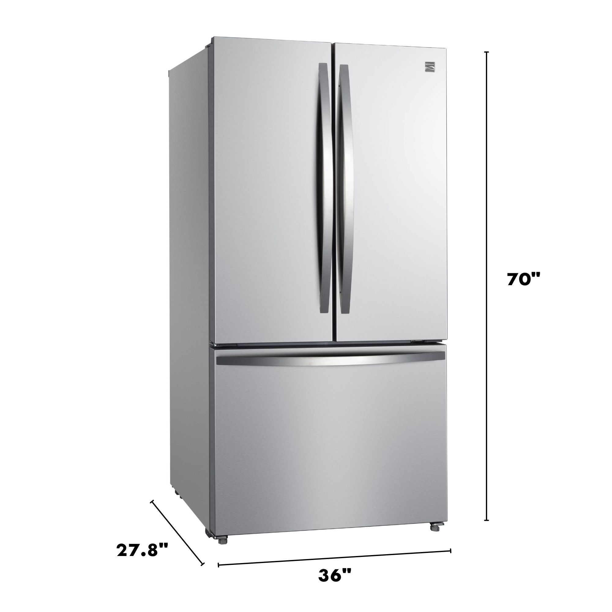 Kenmore 20.3 cu. ft. counter depth french door refrigerator in stainless steel, closed, on a white background with dimensions labeled