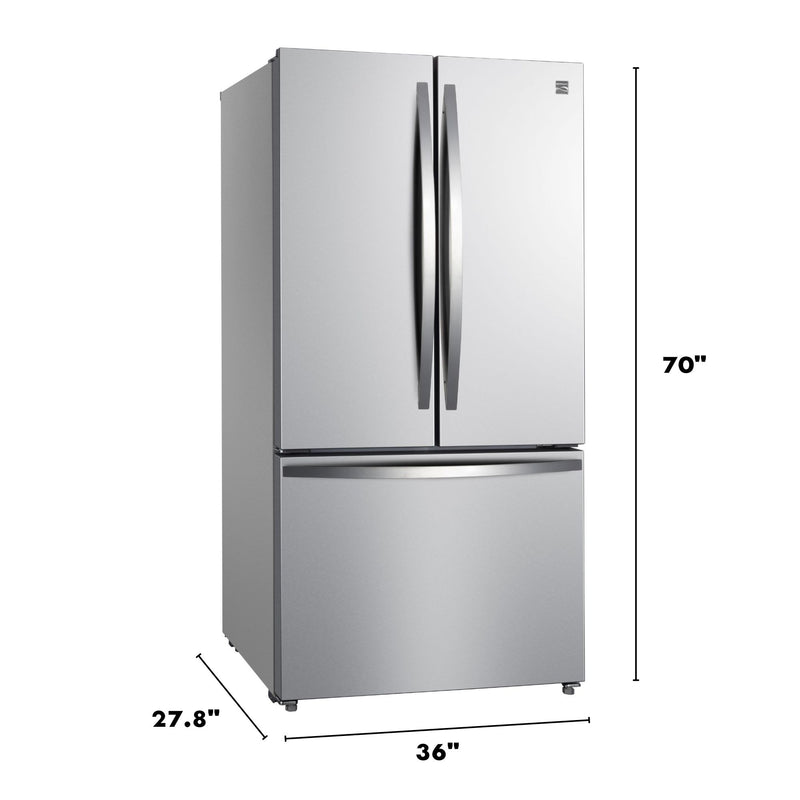 Kenmore 20.3 cu. ft. counter depth french door refrigerator in stainless steel, closed, on a white background with dimensions labeled