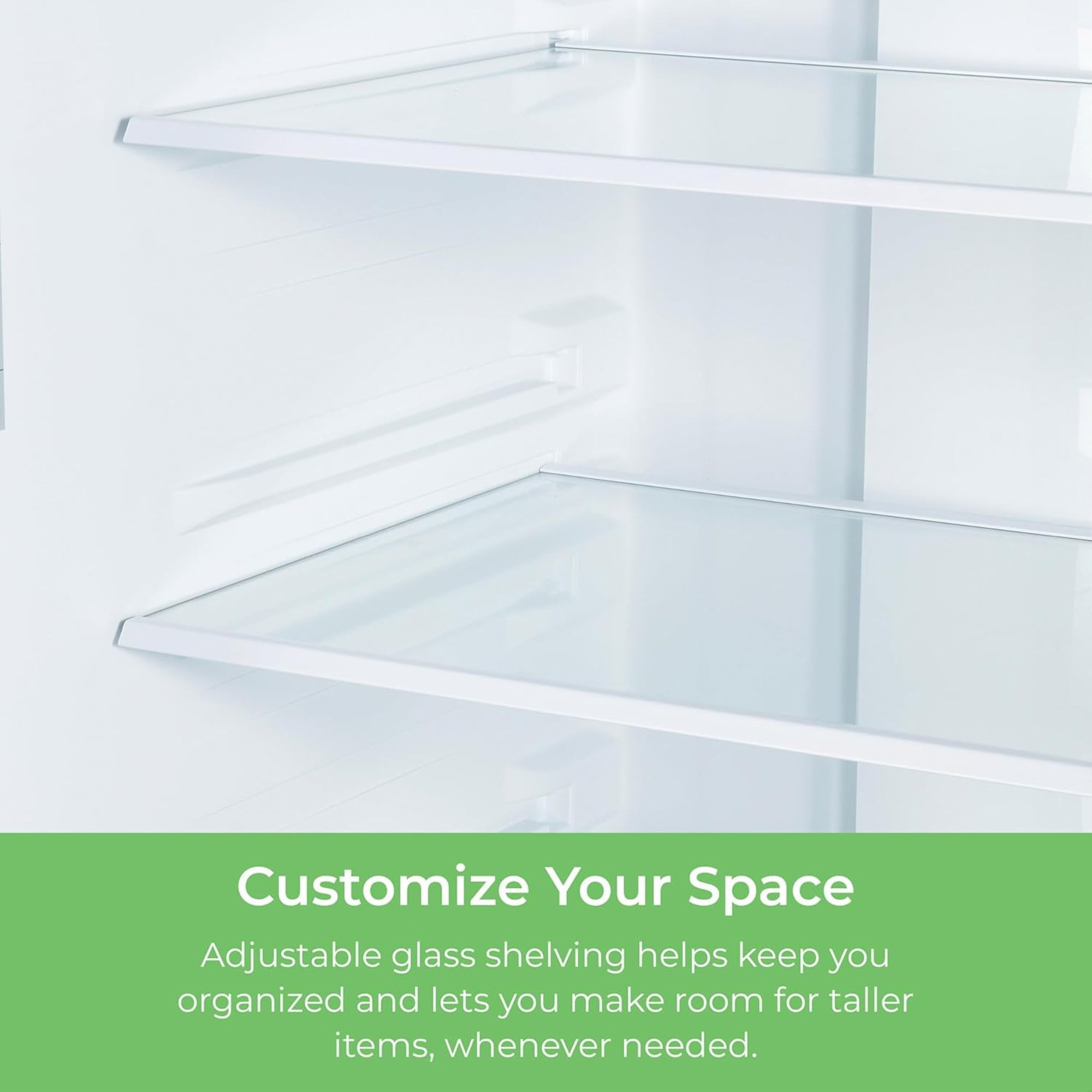 Closeup of inside the Kenmore stainless steel french door refrigerator showing the tempered glass shelves. Text below reads, "Customize Your Space: Adjustable glass shelving helps keep you organized and lets you make room for taller items, whenever needed."
