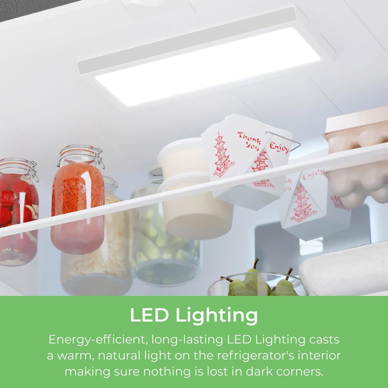 Closeup of inside the Kenmore stainless steel french door refrigerator showing the LED interior light. Text below reads, "LED Lighting: Energy-efficient, long-lasting LED lighting casts a warm, natural light on the refrigerator's interior making sure nothing is lost in dark corners."