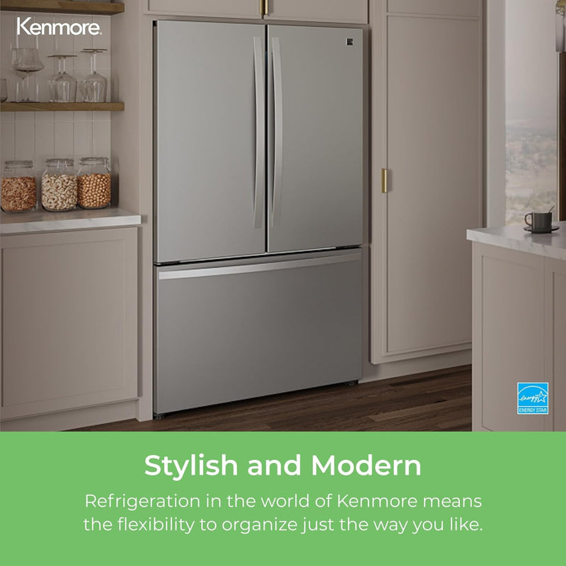Kenmore 20.3 cu. ft. counter depth french door refrigerator in stainless steel installed in a light gray and beige kitchen. Text below reads, "Stylish and Modern: Refrigeration in the world of Kenmore means the flexibility to organize just the way you like."