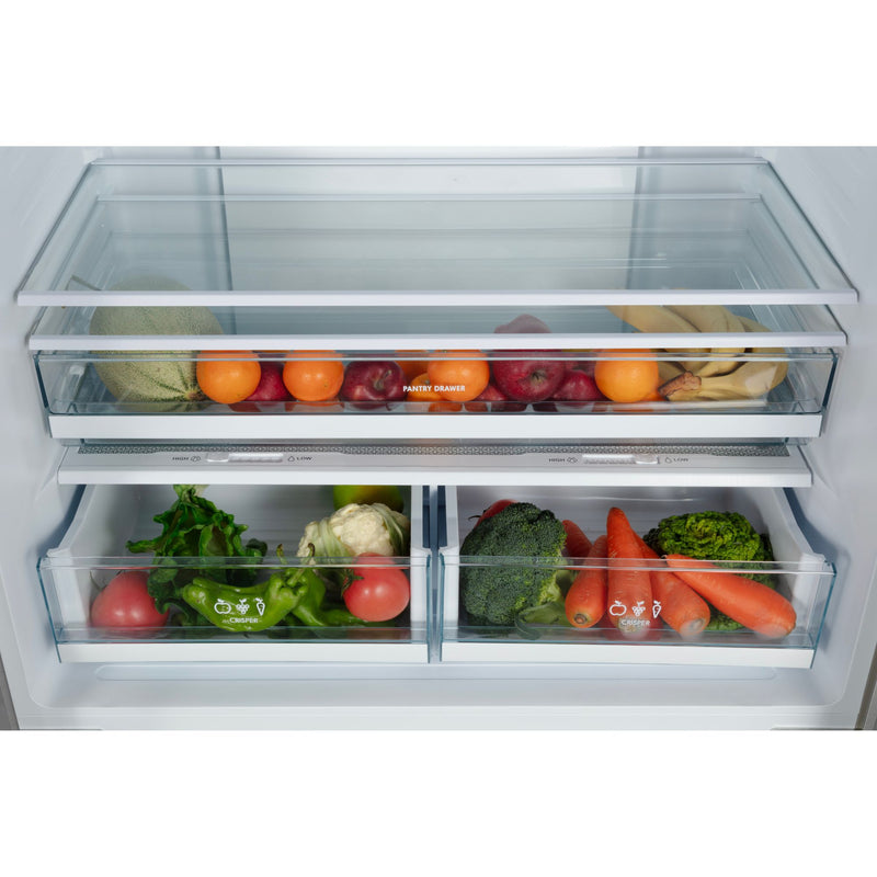 Closeup of the full-width pantry drawer and crispers in the Kenmore 20.3 cu. ft. counter depth french door refrigerator filled with fruits and vegetables
