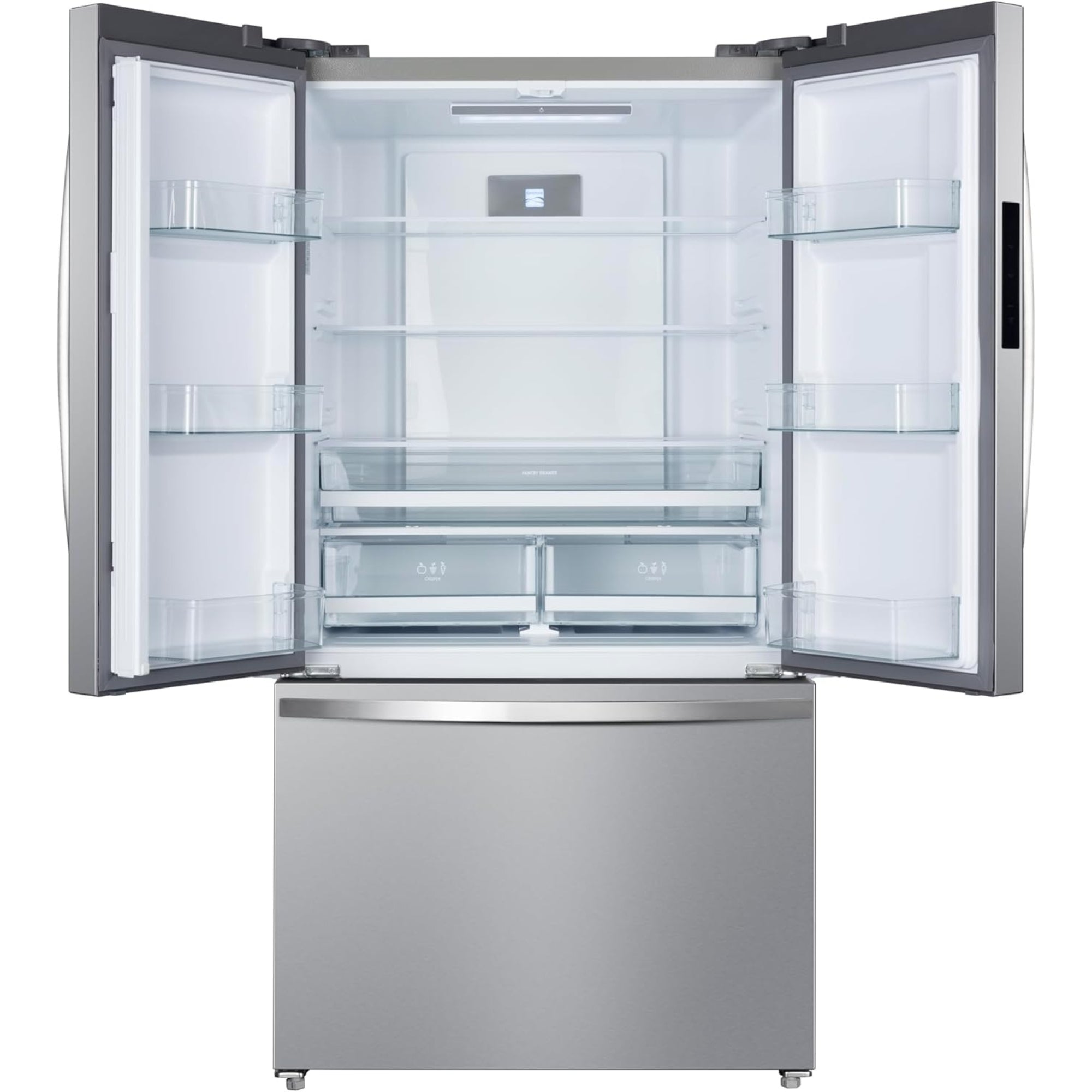 Kenmore stainless steel counter depth french door refrigerator empty with doors open on a white background