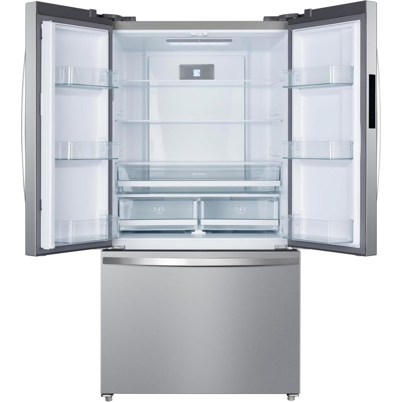 Kenmore stainless steel counter depth french door refrigerator empty with doors open on a white background