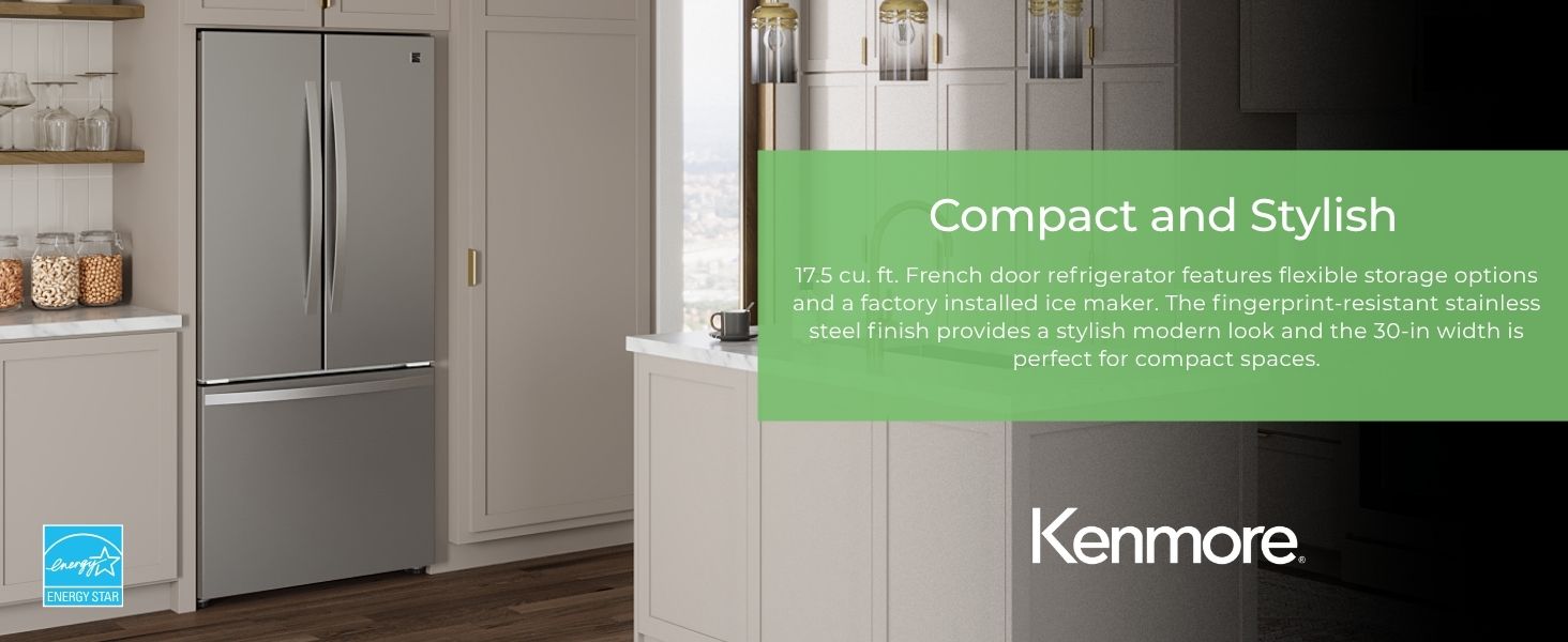 Kenmore French door refrigerator in a beige kitchen with text overlay describing features