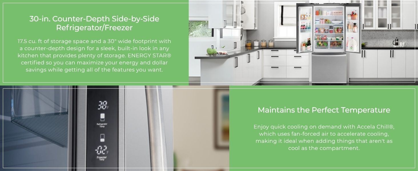 Closeup images and text descriptions of features of the Kenmore French door refrigerator