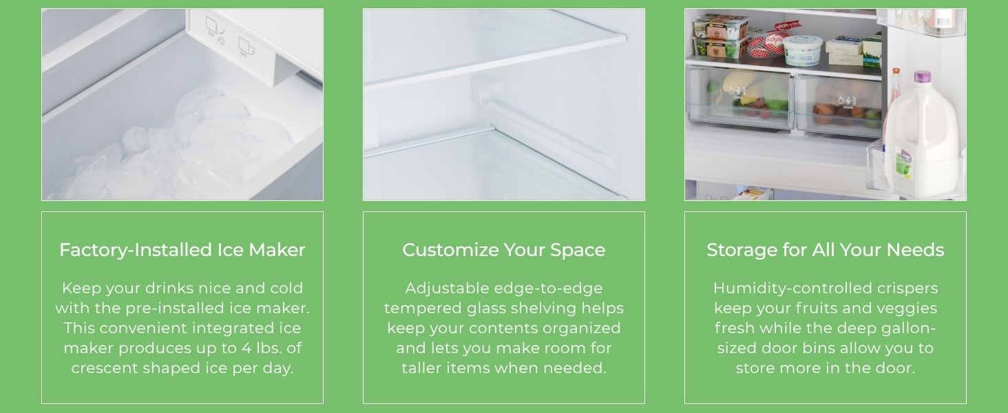 Closeup images and text descriptions of features of the Kenmore French door refrigerator