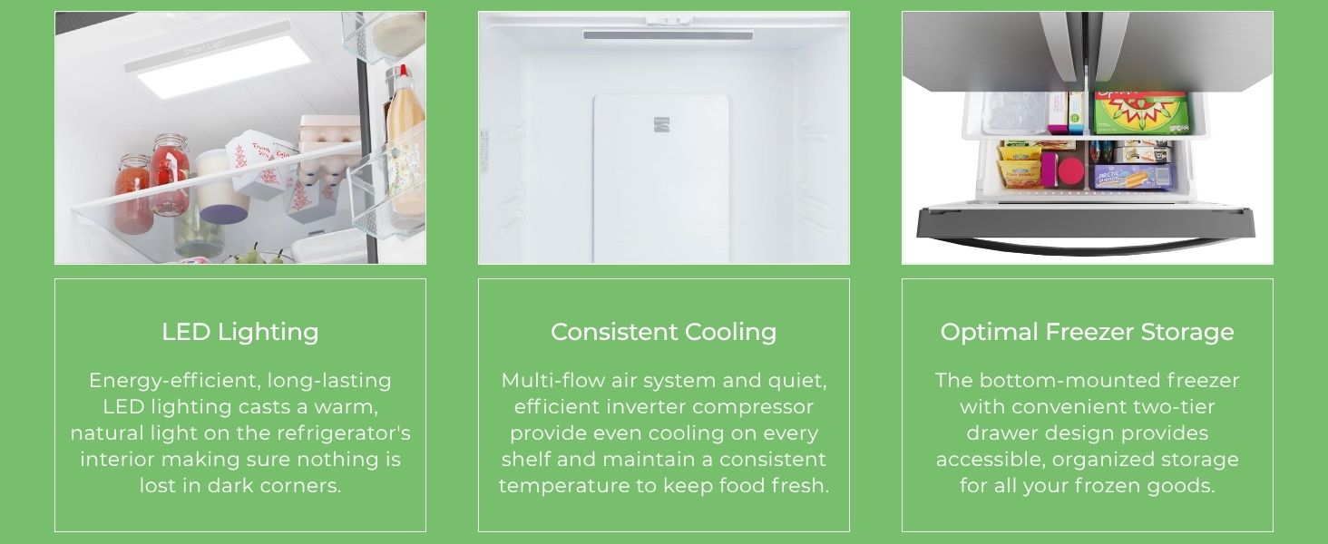 Closeup images and text descriptions of features of the Kenmore French door refrigerator