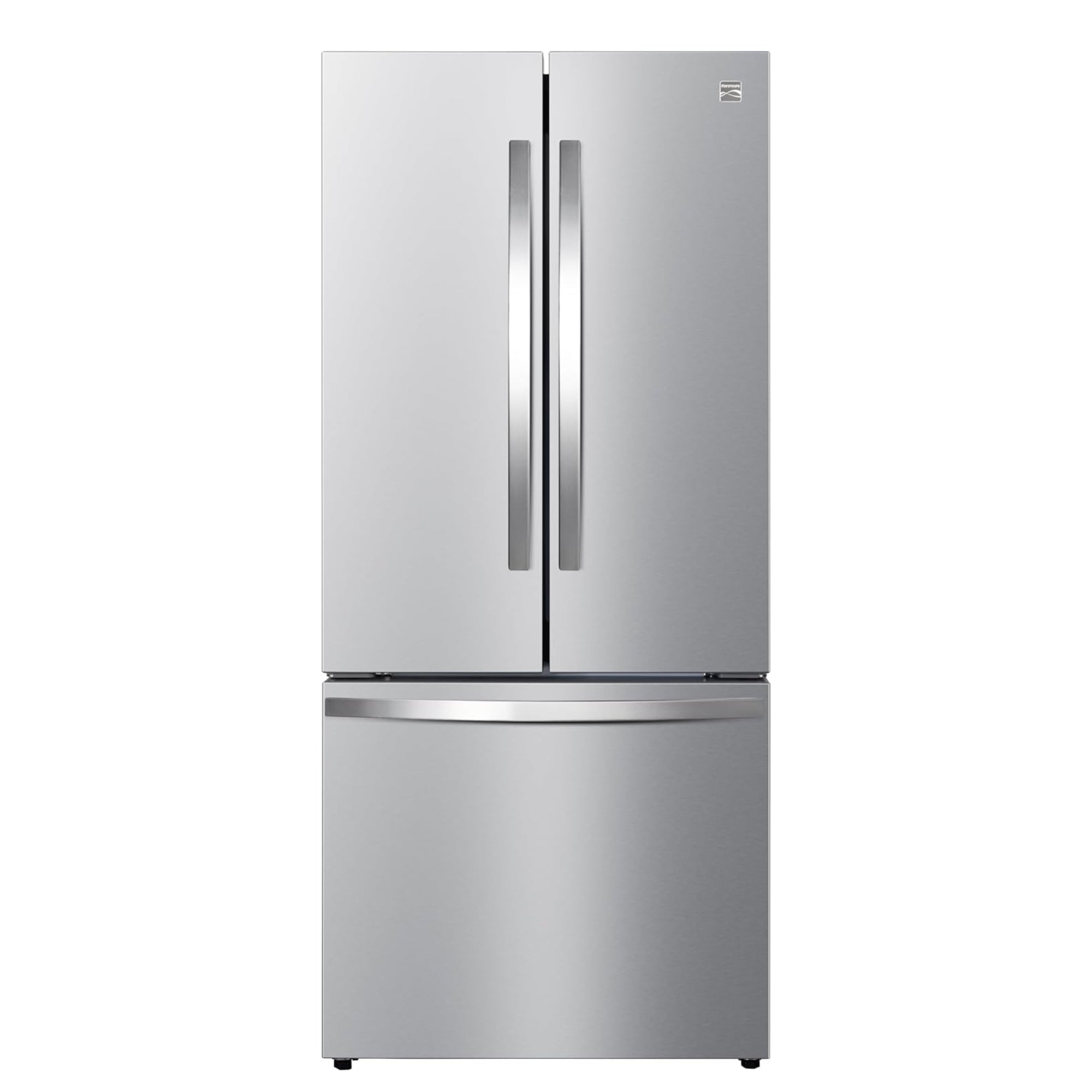 Kenmore 17.5 cu. ft. counter depth french door refrigerator in stainless steel, closed, on a white background