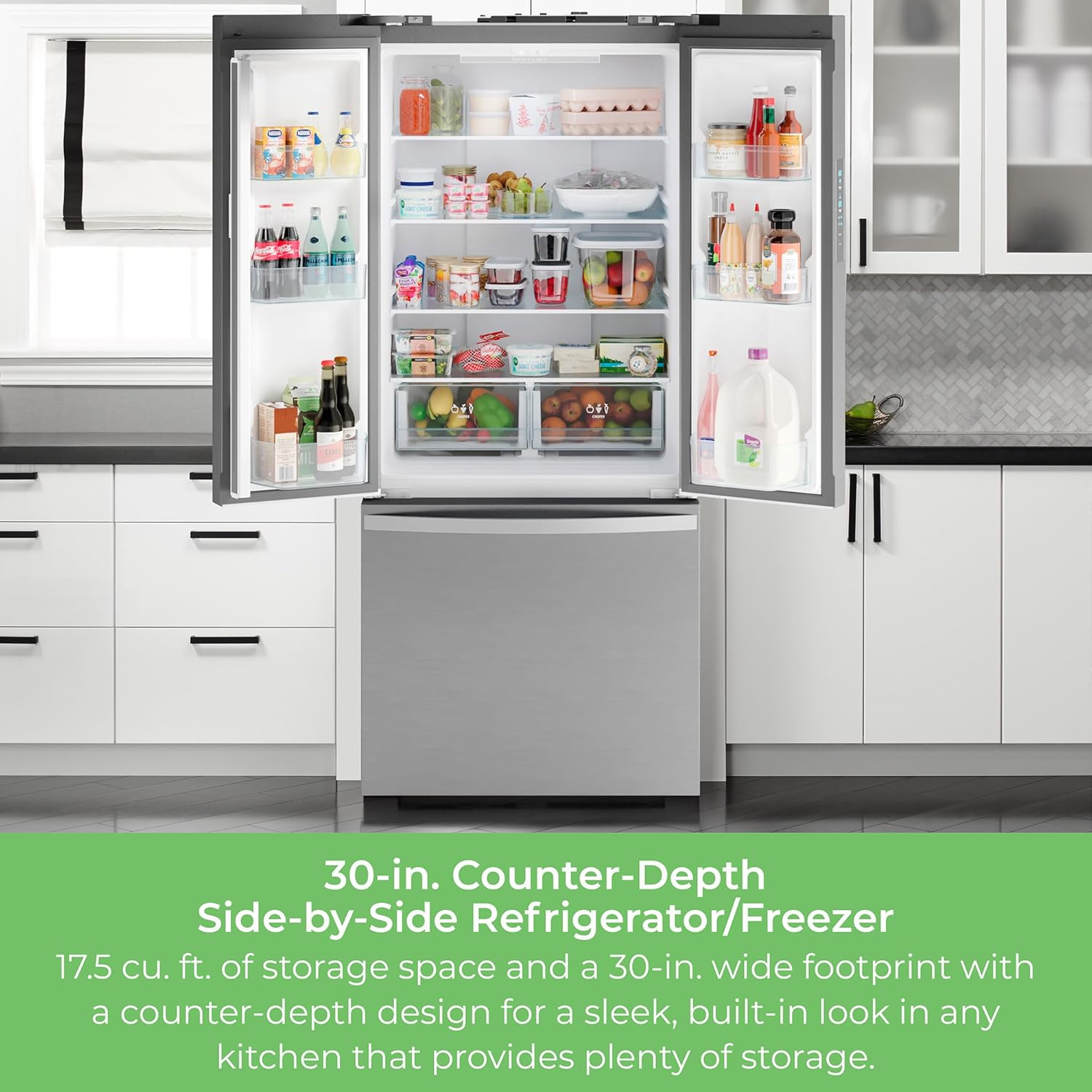 Kenmore 17.5 cu. ft. counter depth french door refrigerator in stainless steel, open and filled with food, in a bright white kitchen. Text below reads, "30-in. Counter-Depth Side-by-Side Refrigerator/Freezer: 17.5 cu. ft. of storage space and a 30-in. wide footprint with a counter-depth design for a sleek, built-in look in any kitchen that proves plenty of storage."