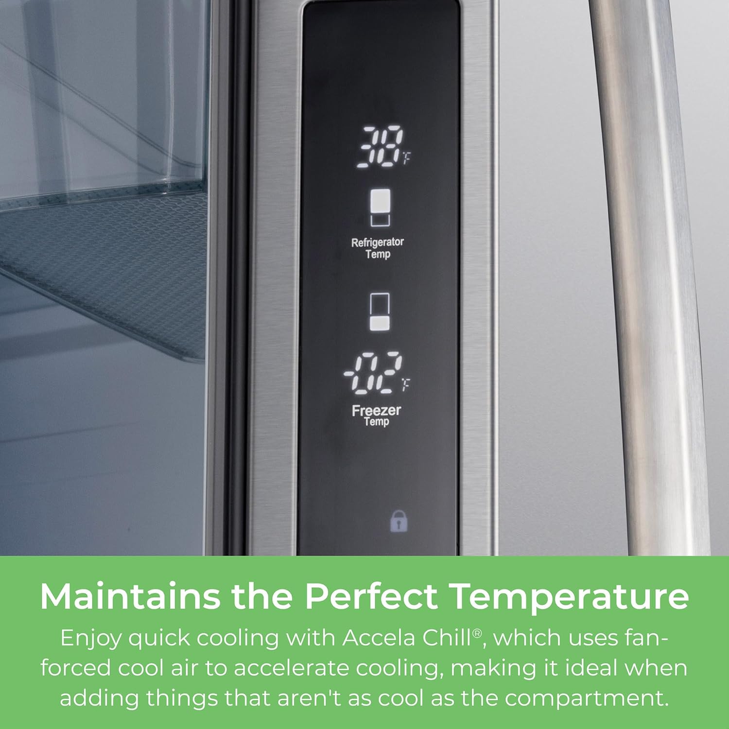 Closeup of the control panel on the Kenmore 17.5 cu. ft. counter depth french door refrigerator. Text below reads, "Maintains the Perfect temperature: Enjoy quick cooling with Accela Chill®, which uses fan-forced air to accelerate cooling, making it ideal when adding things that aren't as cool as the compartment."