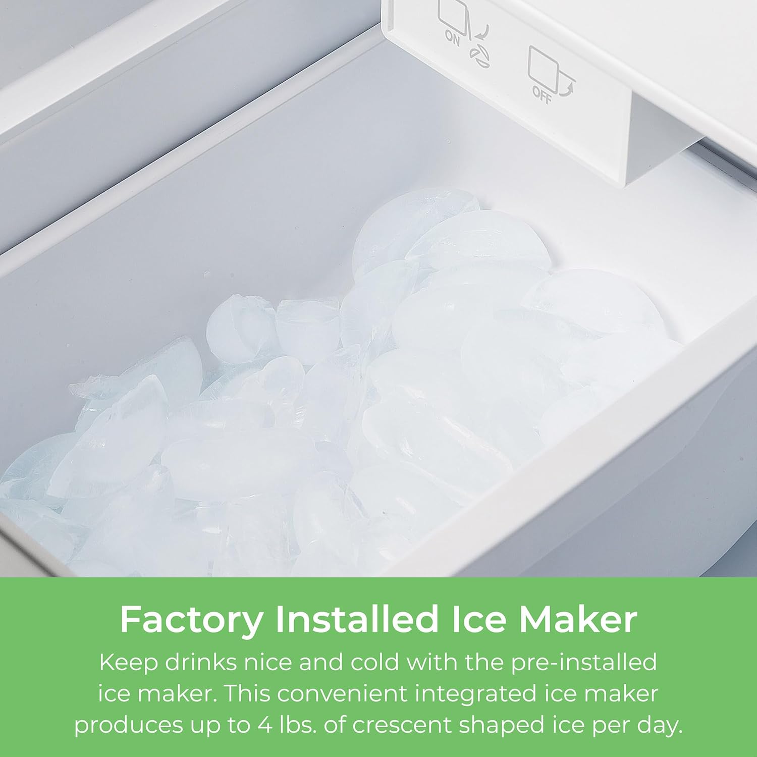 Closeup of the ice maker bin in the Kenmore 17.5 cu. ft. counter depth french door refrigerator filled with ice cubes. Text below reads, "Factory-Installed Ice Maker: Keep drinks nice and cold with the pre-installed ice maker. This convenient integrated ice maker produces up to 4 lbs. of crescent shaped ice per day."