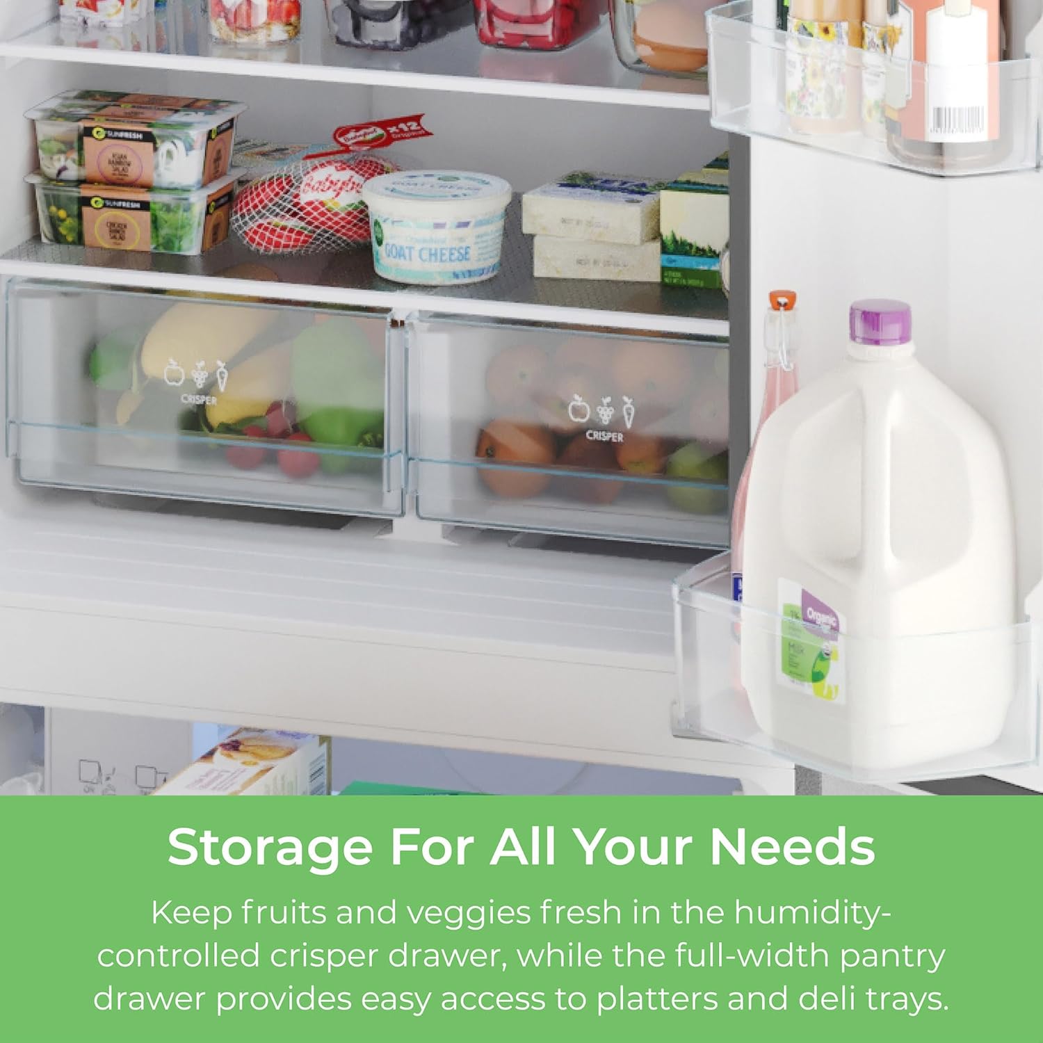 Closeup of the crispers and door bins in the Kenmore 17.5 cu. ft. counter depth french door refrigerator filled with fruits and vegetables. Text below reads, "Storage for All Your Needs: Keep fruits and veggies fresh in the humidity-controlled crisper drawer, while the deep gallon-sized door bins allow you to store more in the door."