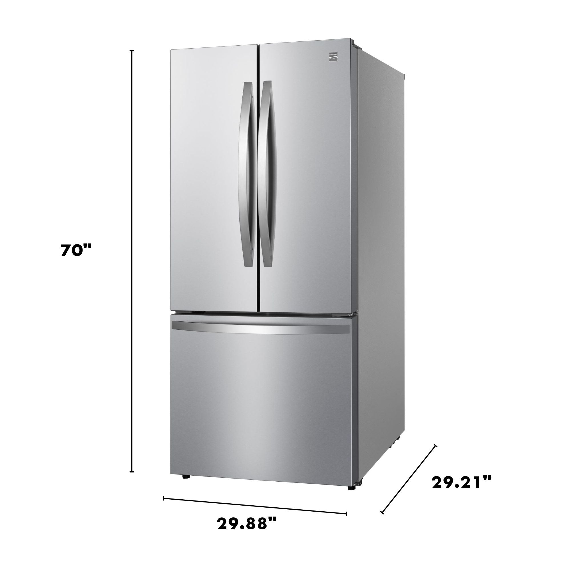 Kenmore 17.5 cu. ft. counter depth french door refrigerator in stainless steel, closed, on a white background with dimensions labeled