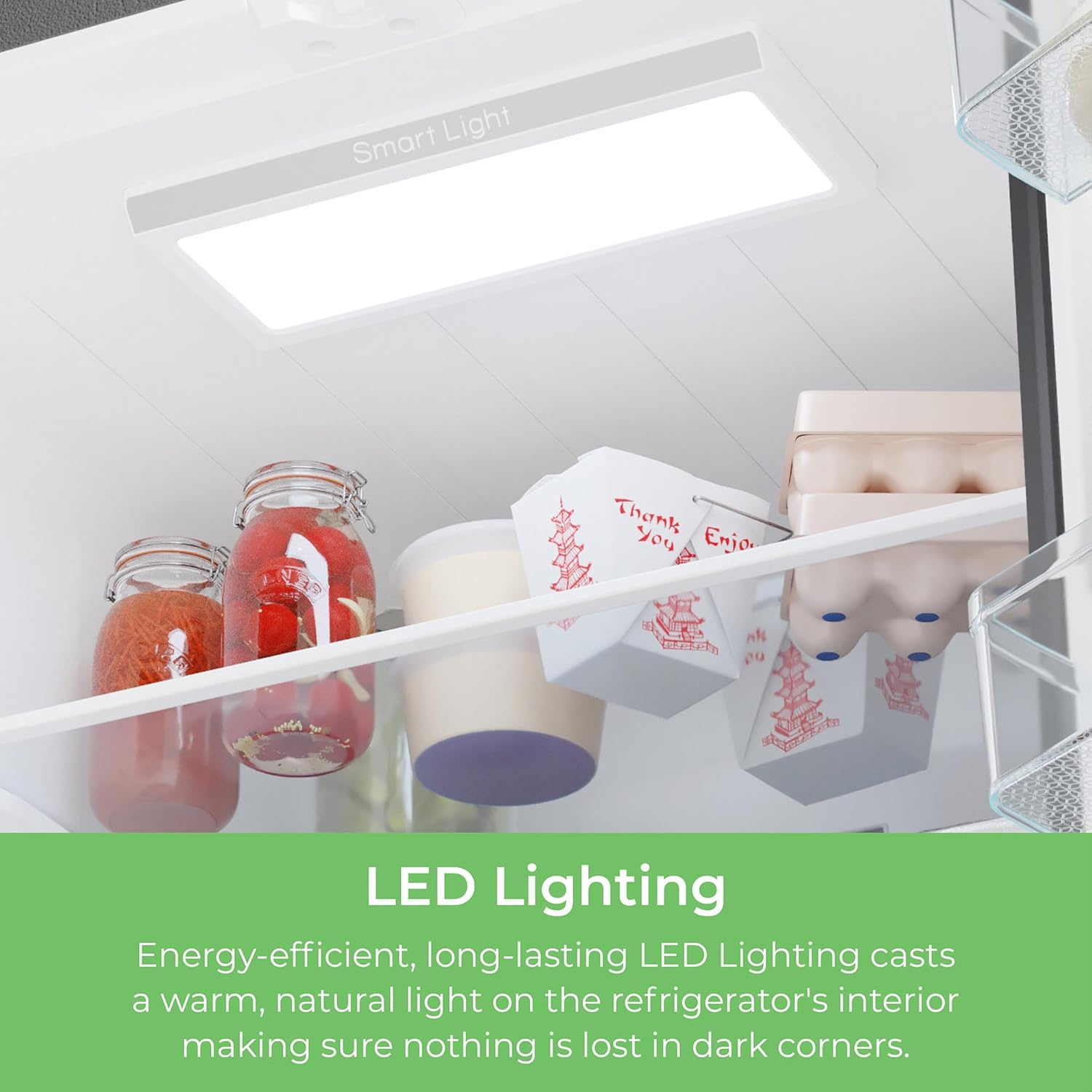 Closeup of inside the Kenmore stainless steel french door refrigerator showing the LED interior light. Text below reads, "LED Lighting: Energy-efficient, long-lasting LED lighting casts a warm, natural light on the refrigerator's interior making sure nothing is lost in dark corners."