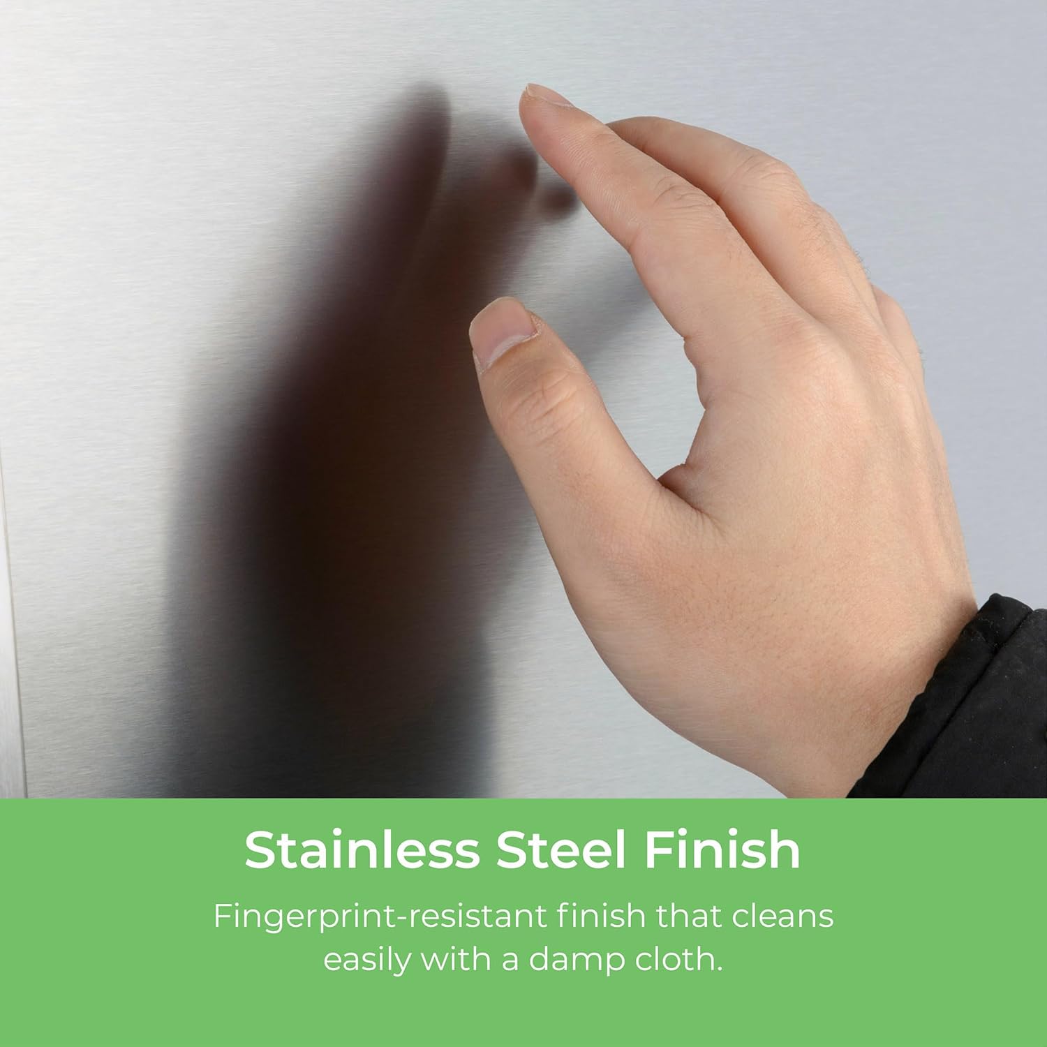 Closeup of a hand touching the fingerprint-resistant stainless steel finish of the Kenmore counter depth french door refrigerator. Text below reads, "Stainless Steel Finish: Fingerprint-resistant finish that cleans easily with a damp cloth."