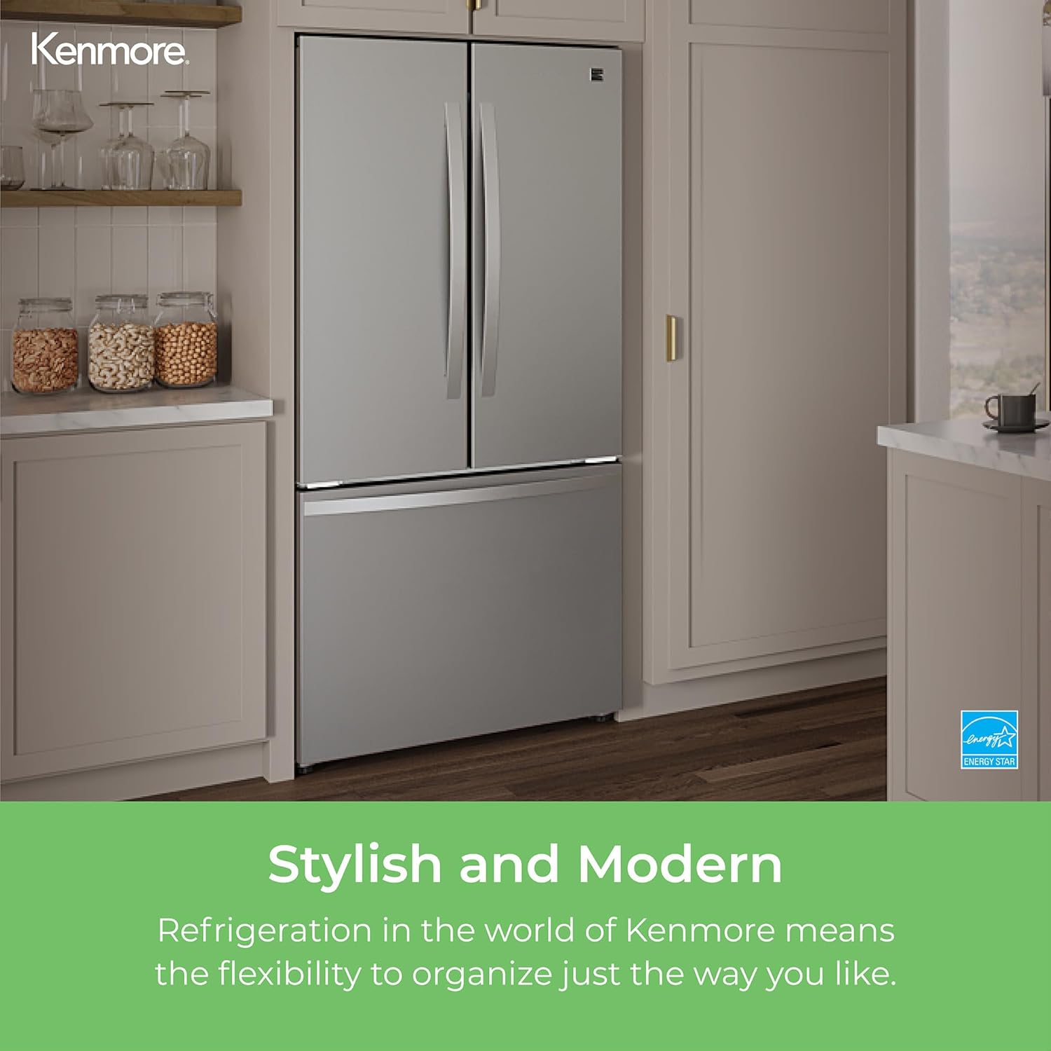 Kenmore 17.5 cu. ft. counter depth french door refrigerator in stainless steel installed in a light gray and beige kitchen. Text below reads, "Stylish and Modern: Refrigeration in the world of Kenmore means the flexibility to organize just the way you like."