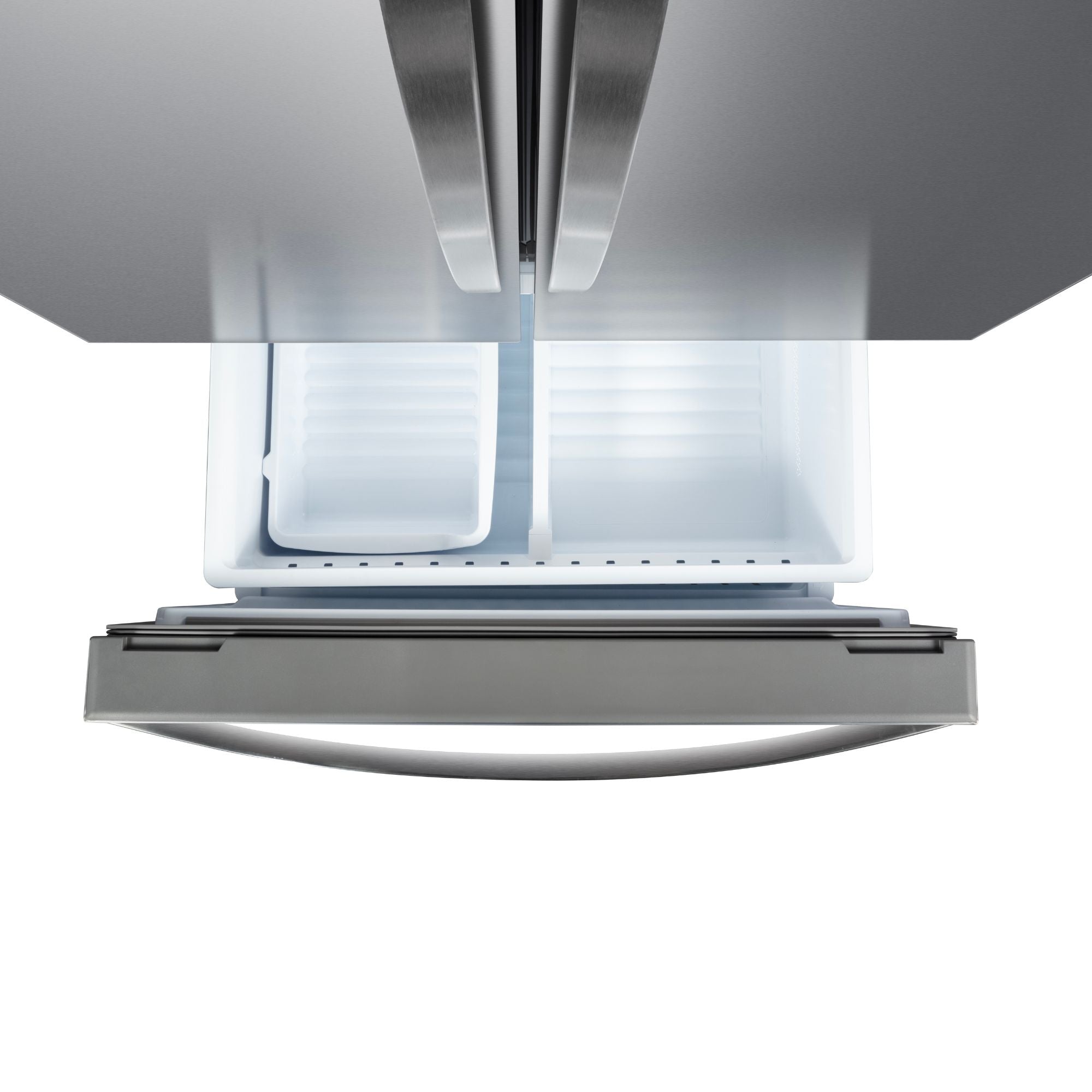 Kenmore 17.5 cu. ft. counter depth french door refrigerator viewed from above with the freezer being pulled open