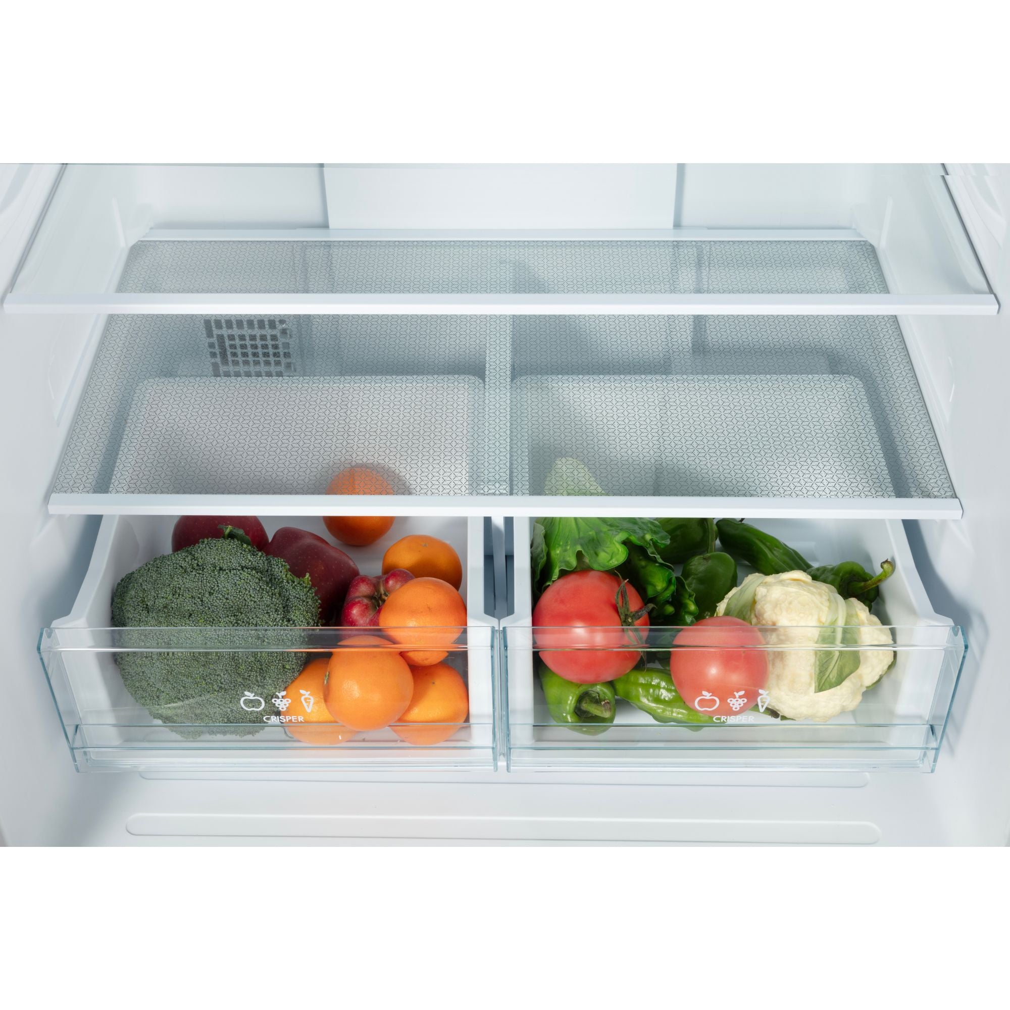 Closeup of the humidity-controlled crispers inside the Kenmore 17.5 cu. ft. counter depth french door refrigerator filled with fruits and vegetables